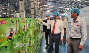 Bí thư Tỉnh ủy Hồ Quốc Dũng (thứ hai từ phải sang) kiểm tra hoạt động sản xuất, kinh doanh tại Nhà máy sản xuất của Công ty CP Tingco Bình Định (Khu kinh tế Nhơn Hội, TP Quy Nhơn), tháng 2.2024. Ảnh: CHƯƠNG HIẾU